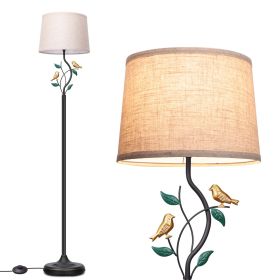 Dimmable Floor Lamp with Shade;  Modern Farmhouse Floor Lamp;  Rustic Floor Standing Lamp with Leaves & Birds Design;  Floor Stand up Lamp for Living