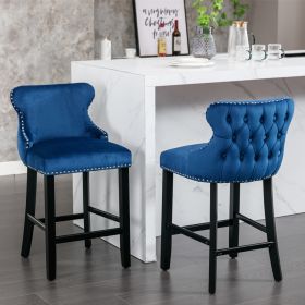 A&A Furniture,Contemporary Velvet Upholstered Wing-Back Barstools with Button Tufted Decoration and Wooden Legs, and Chrome Nailhead Trim