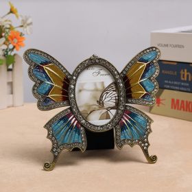 Butterfly Retro Metal Blue Photo Frame Oval Vintage Fashion Lightweight High Hardness Rhinestones Home Decor Ornament Embenllish (Color: Blue, size: 3 inch)