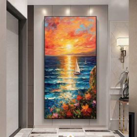 Hand Painted Original Nautical Oil Painting On Canvas Large Wall Art Abstract Ocean Sunset Landscape Painting Custom Painting Living Room Wall Decor (Style: 1, size: 80x160cm)