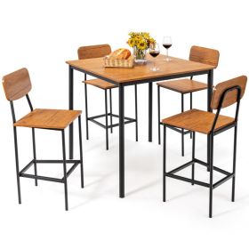 5 Pieces Industrial Dining Table Set with Counter Height Table and 4 Bar Stools (Color: Walnut)