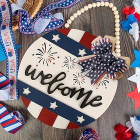 July 4th Patriotic Welcome Sign, 12 Inch Hanging Wreath for Front Door, 4th of July Wreath Outside Hanging Wood Sign with Beads Bow (Quantity: 4)