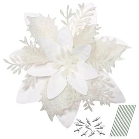 12pcs Christmas Glitter Artificial Poinsettia Flowers Christmas Tree Flowers Hanging Ornaments Party Decoration With Stems Clips (Colors: White)